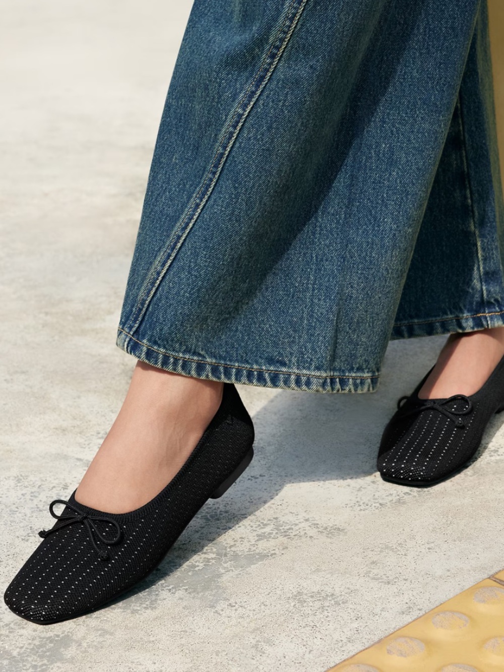 Black Knit Ballet Flats with Bow Accent